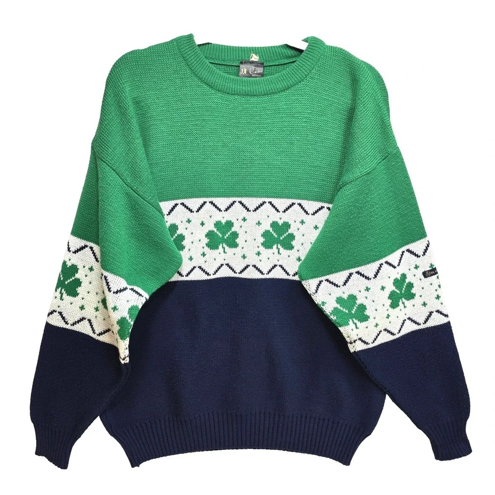 Vtg Blarney Castle Ireland Shamrock‎ Knit Sweater Mens L Green St Patricks Day
